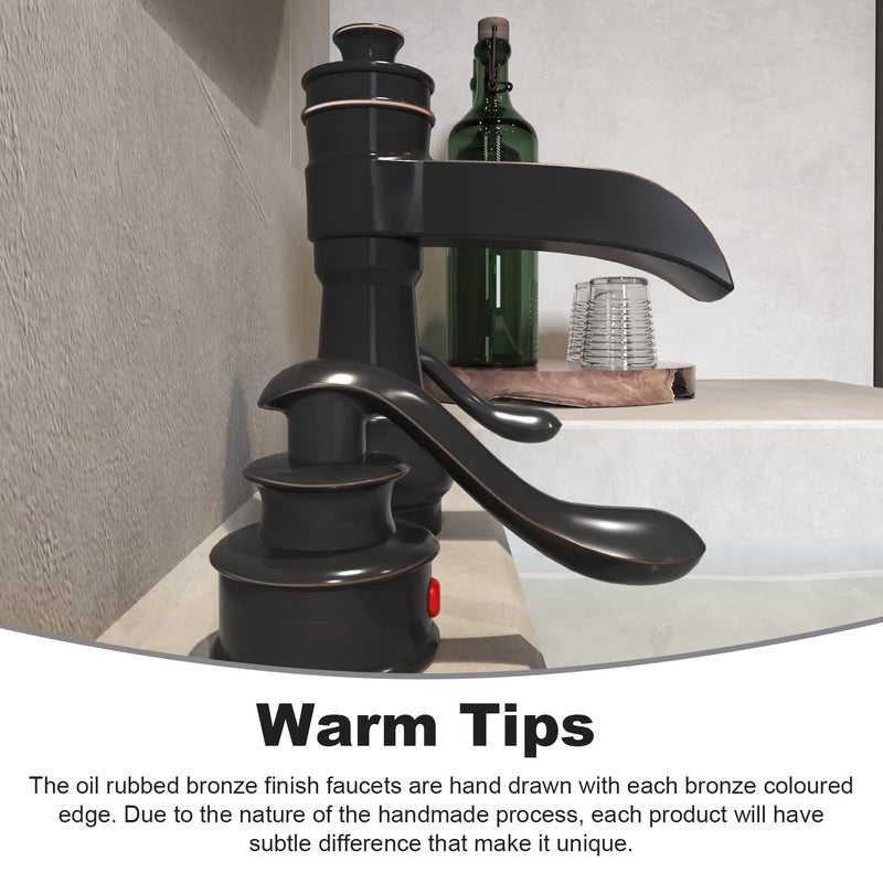 BWE Waterfall Widespread Bathroom Faucet 3 Hole Oil Rubbed Bronze Farmhouse 8 Inch Pop Up Drain Stopper Assembly Overflow Supply Line Faucets Parts Two Handle Bath Vanity Lavatory Sink - Image 4